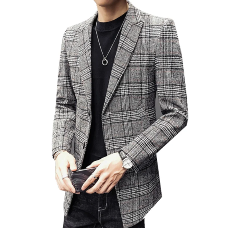 

New Brand Business Men Winter Coat Office Windbreaker Men's Jacket Winter Flannel Plaid Pure Color Handsome Men Slim Long Daily