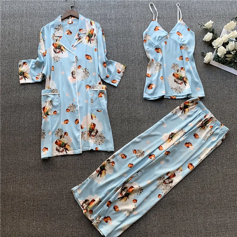 Ледяные шелковые женские пижамы 3 шт. модный пижамный комплект с принтом кардиган