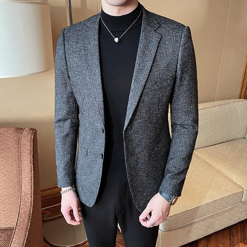 Мужской приталенный Блейзер серый повседневный пиджак в полоску формальная