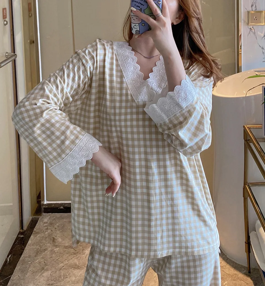 

Women Grid Pajamas Set Princess Sweet Fashion Cute Sleepwear Sexy Lace Long Sleeve Pant V-Neck Loose Homewear 2Piece/Set