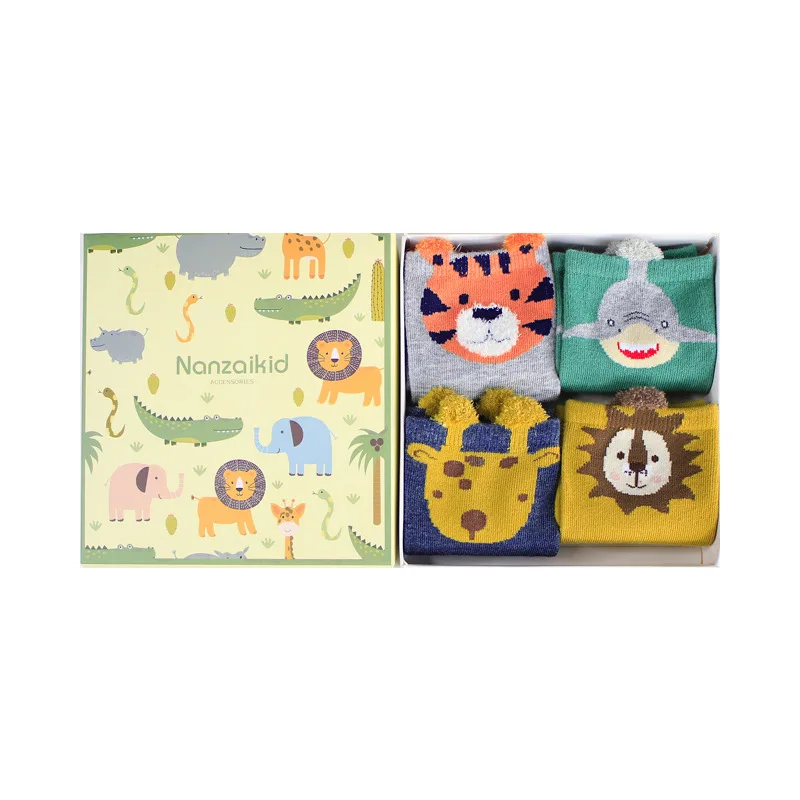 Boxed Cotton Flax Children's Socks Cute Cartoon Animal Wild Cotton Boys and Girls Socks Breathable Warm Mid-Range Baby Socks