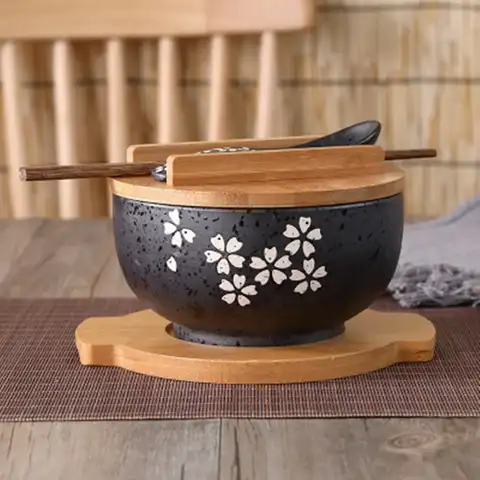 Японская посуда чаша лапши быстрого приготовления, столовая посуда, керамическая миска для салата, деревянная ложка, палочки для еды
