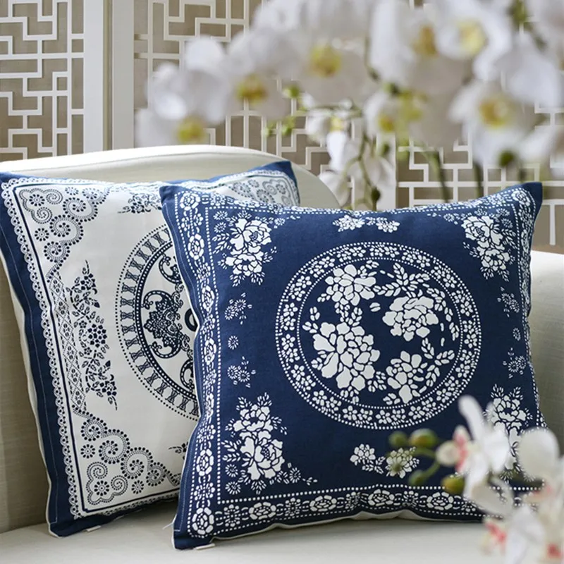 Чехлы для диванных подушек с китайскими пионами и цветами синяя классическая