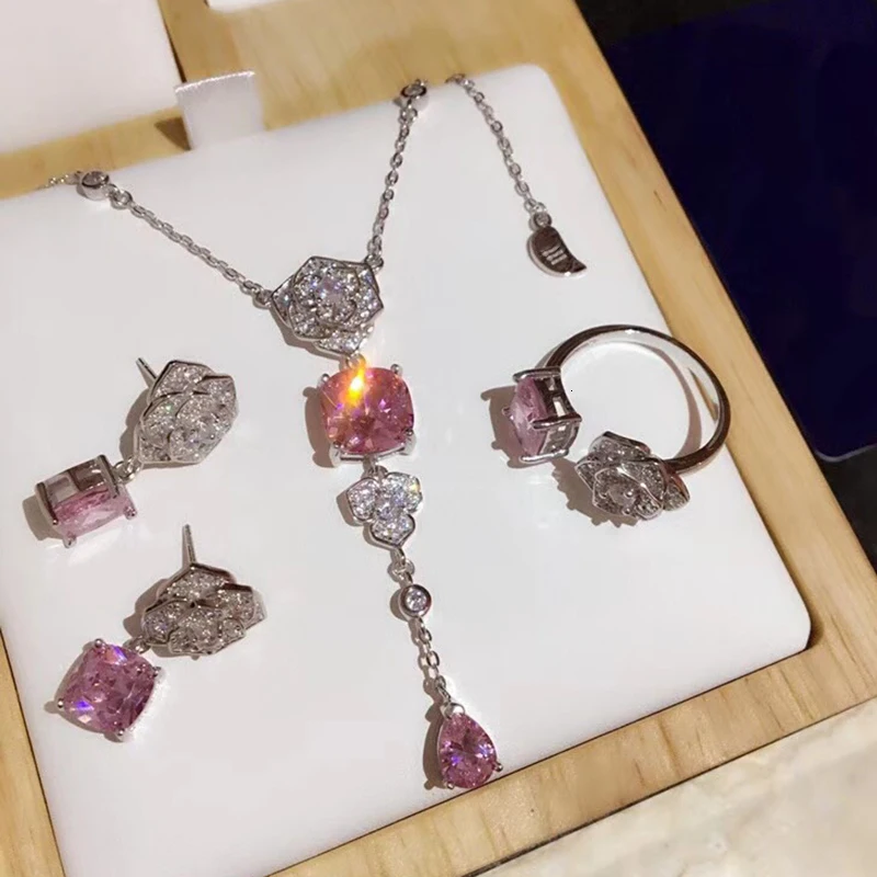 Популярный бренд чистое серебро 925 пробы набор украшений для женщин розовый