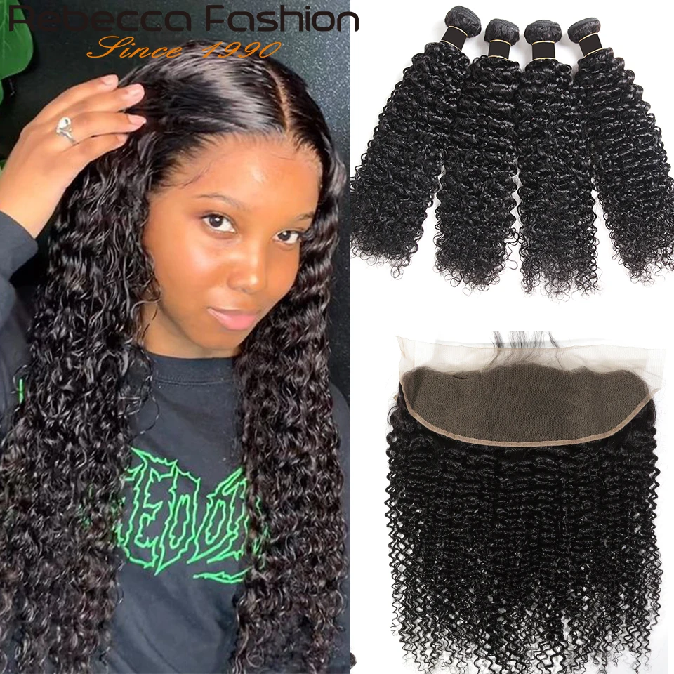 Rebecca Kinky Curly Bundles With Frontal Pre Plucked 3 Human Hair Bundles with Closure Brazilian Hair Weave Bundles With Closure