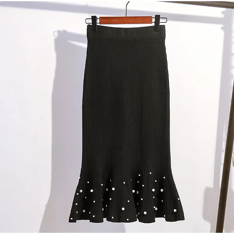 Женская зимняя трикотажная юбка-Русалка с жемчугом и бисером оборками на подоле