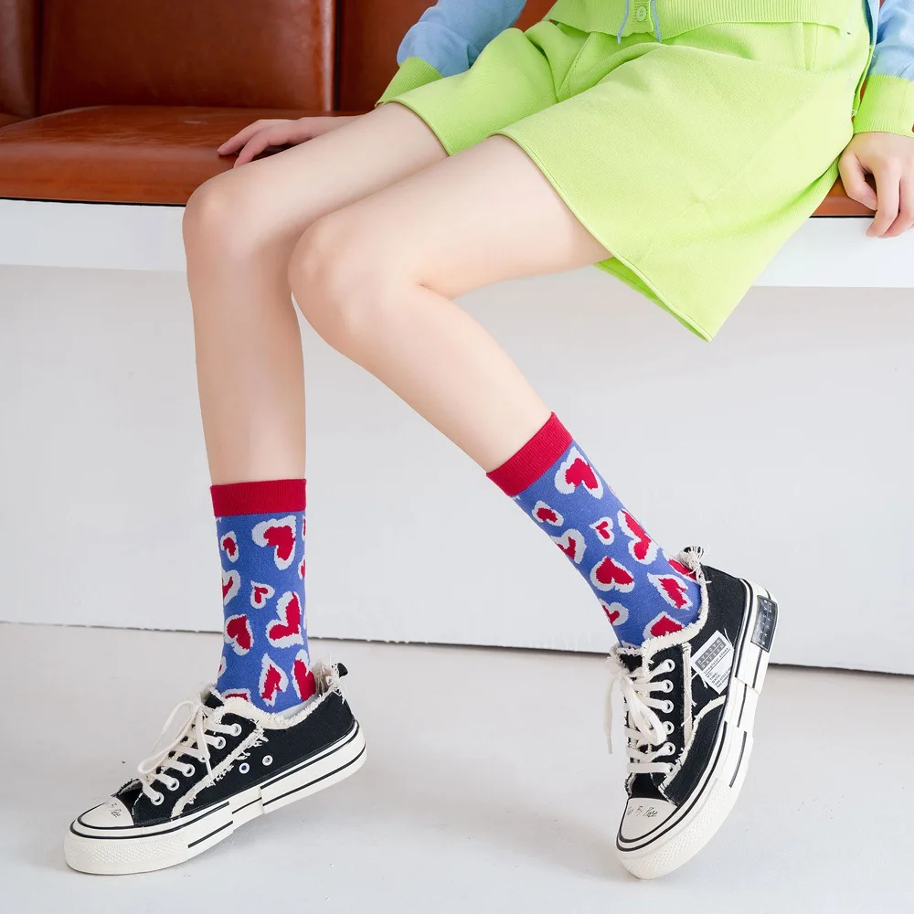 

Cute Cotton Women's Socks Love Jacquard Leopard Print Sweat-Absorbent Breathable Ladies Flower Sock Tide DW008