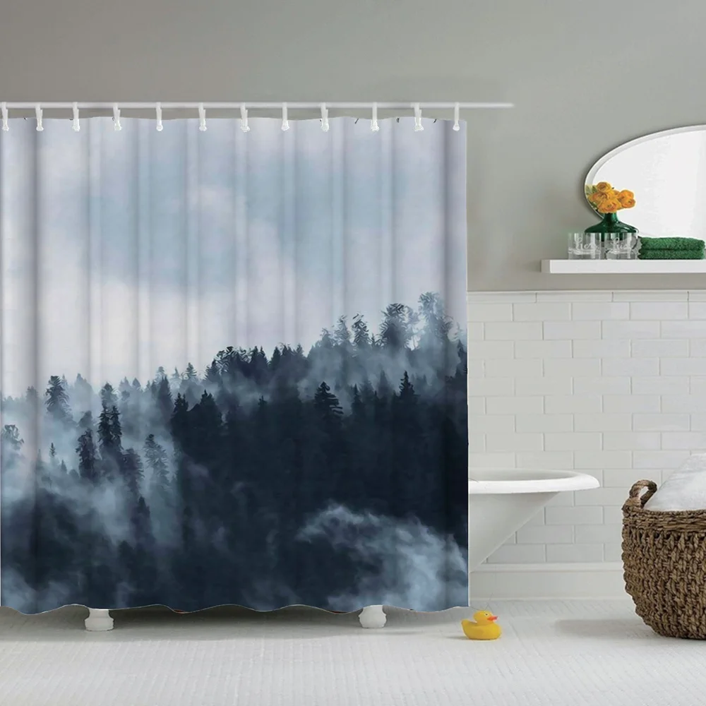 

Dafield Foggy Forest Mountain Shower Curtain In The Morning Blue Grey Landscape With Hooks