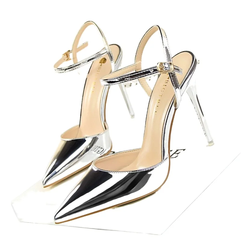 

American style simple fine heel ultra-high heeled shallow tip-tip lacquer sexy nightclub show thin one word with women's sandal