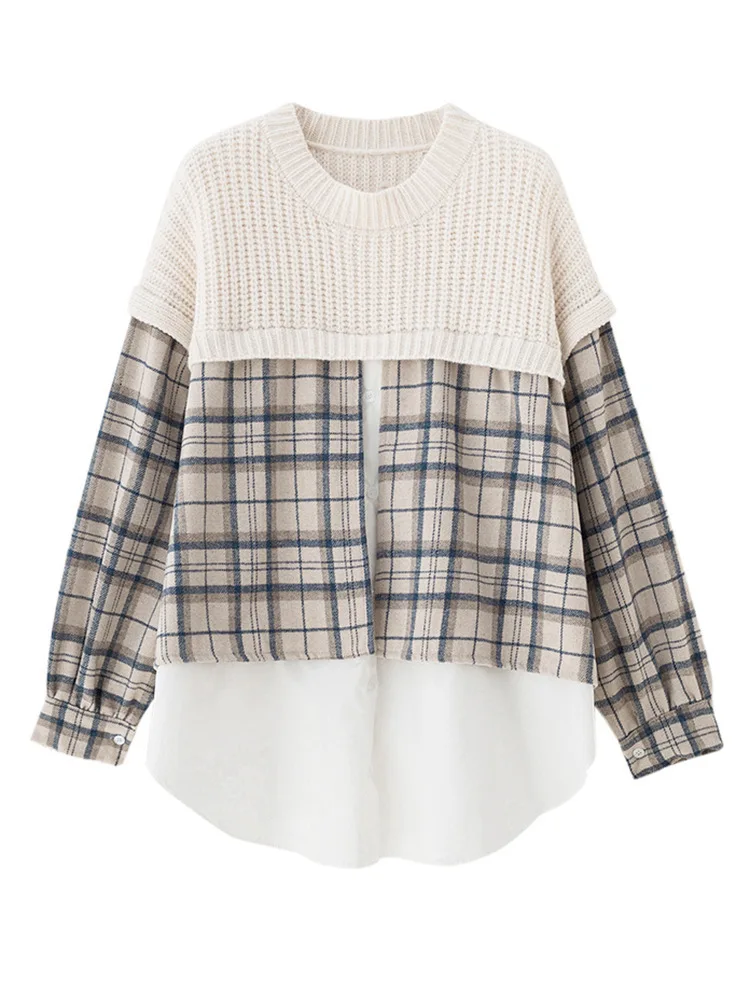 

VANOVICH Stitching Fake Two-piece Hong Kong Style Fashion Knit Sweater 2021 New Autumn O-Neck Pullovers