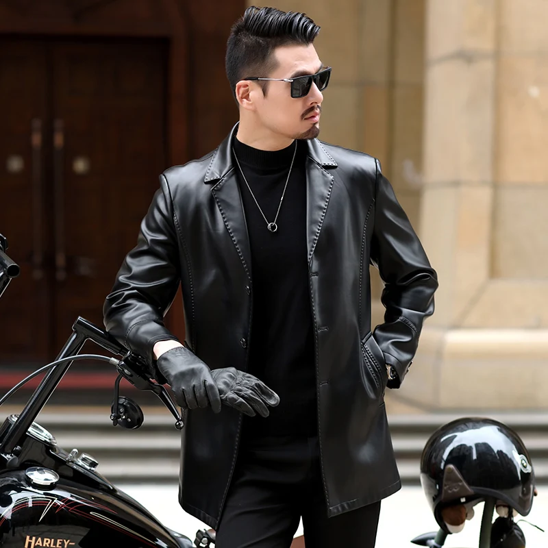 Мужская осенне-зимняя кожаная куртка с лацканами размеры до 3XL |