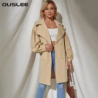 ouslee women autumn winter with belt double breasted trench coat vintage long sleeve pockets female outerwear chic overcoat