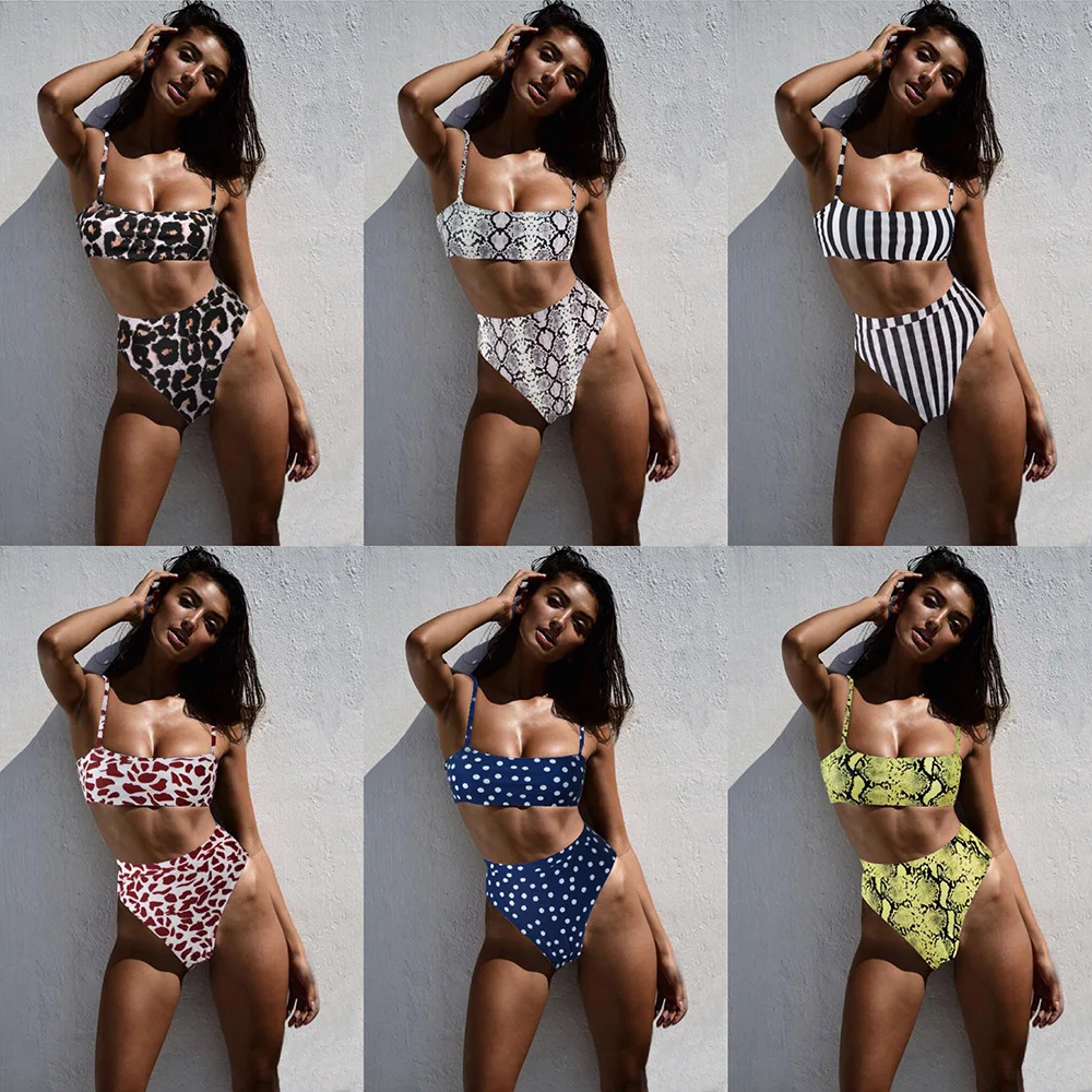 

2020 Europe and the United States sexy explosion strap halter high waist solid color ladies split bikini swimsuit bikini