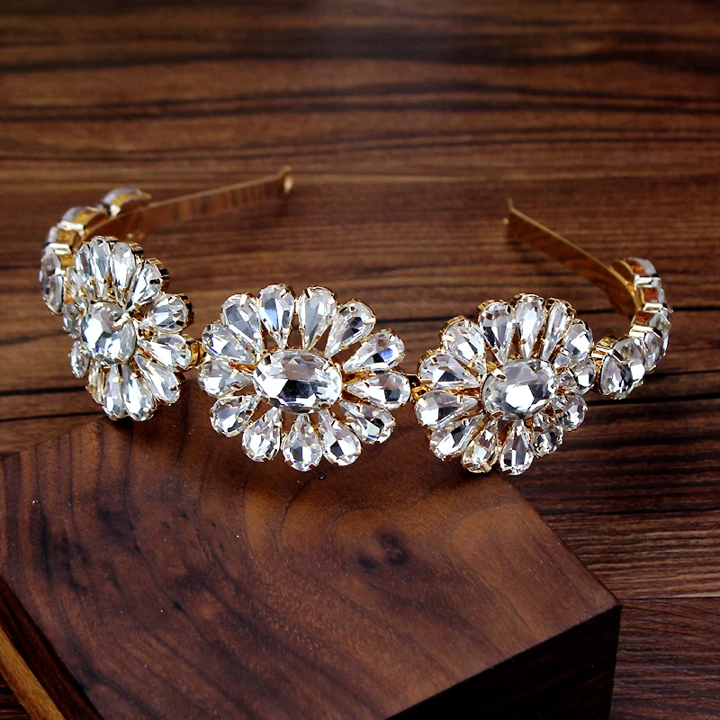 Korean Fashion Gold Crystal Jewel Bridal Hairband Luxurious Rhinestone Floral Tiara Headbands For Women Party Hair Accessories | Украшения