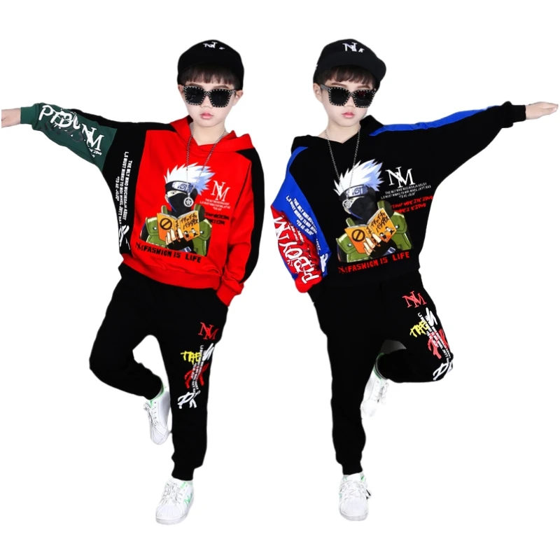 

Спортивный костюм для мальчиков, кофта с капюшоном и штаны, с мультяшным принтом, комплект спортивной одежды для школы, весна-осень