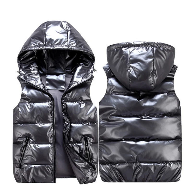 Chaleco de plumón corto para hombre y mujer, chaqueta sin mangas con capucha, rompevientos ligero de algodón brillante para invierno, 2022