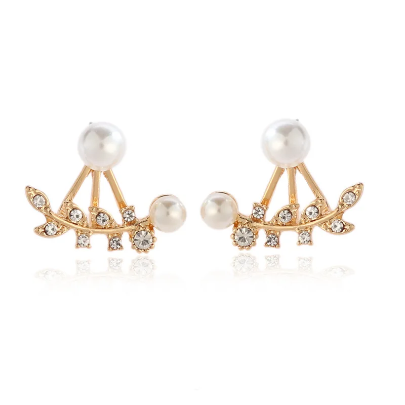 Элегантные женские серьги пусеты в виде листика и жемчуга дизайнерские