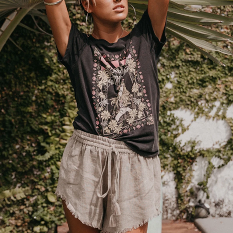 Fitshinling Bohemian Summer T Shirt Women 2020 Print Short Sleeve Black Slim Top Tee Girl Ethnic Tribe Vintage Female T-Shirt | Женская