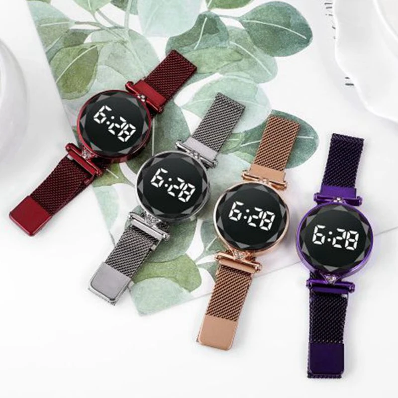 

Luxury Digital Magnet Watches For Women Rose Gold Stainless Steel Dress LED Quartz Watch Female Clock Relogio Feminino Drop Ship