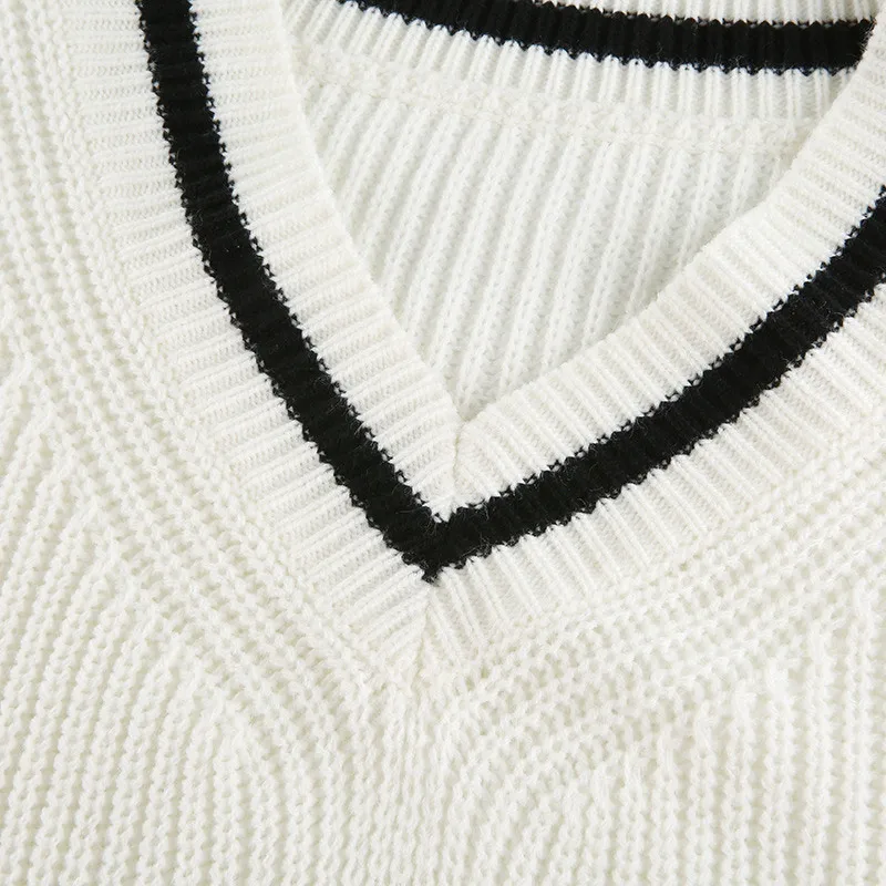 

Women's Knitted V-neck Sweater Striped Long Sleeve Sweet Female Pullover Sweaters 2021 Winter Spring Ladies Knitting Jumper Tops