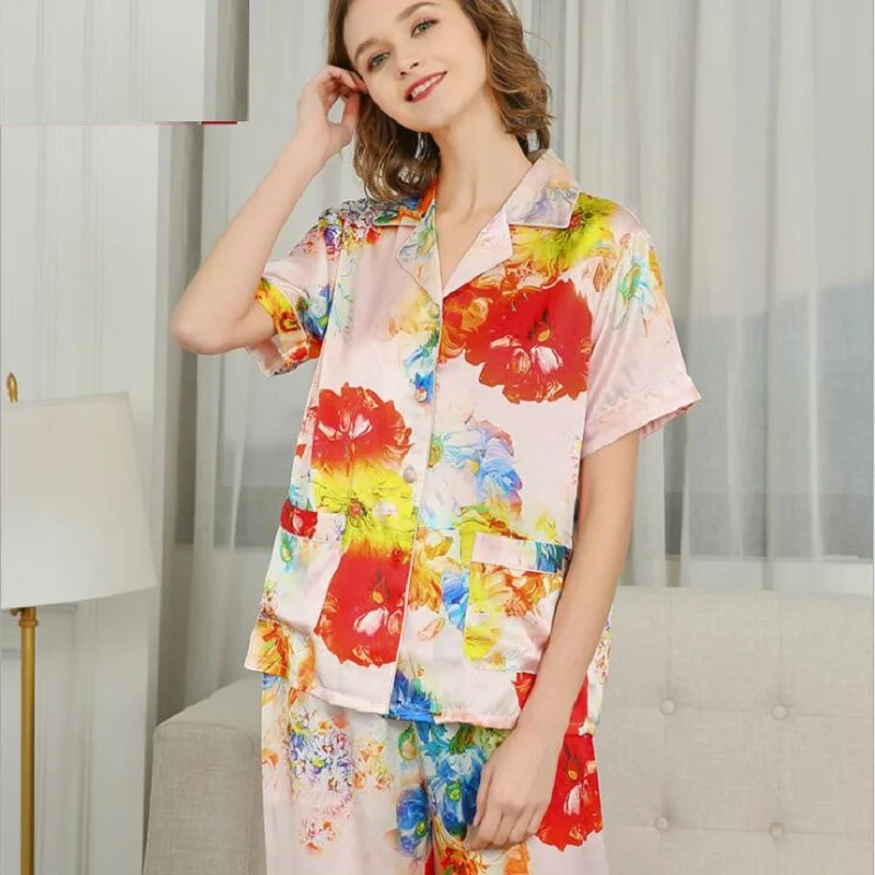 100% SilK Stain Pajamas Sets Women Floral Print Short Sleeve Summer Silk Homewear Sleepwears Sets 2020 Home Pyjama Sets