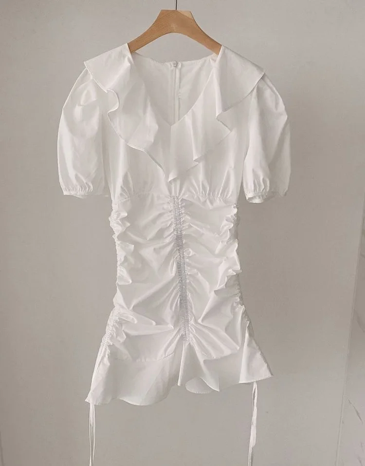 

2020 New French Temperament Dress Female Lotus Leaf Short-sleeved Pleated Solid Color Sweet Dress
