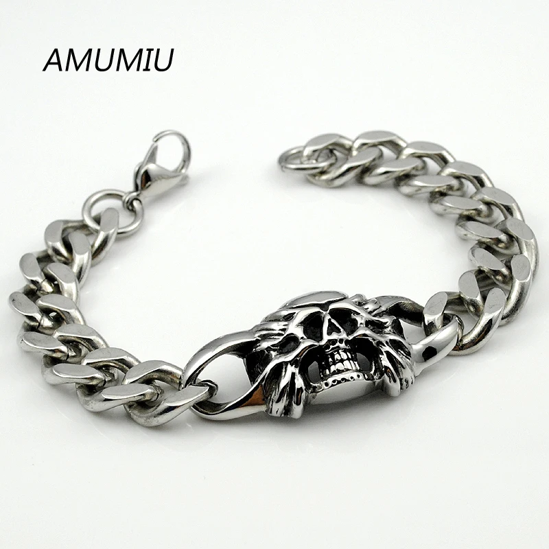 

AMUMIU 22cm 13mm Stainless Steel Bracelet Skull Head For Men Jewellery Fashion,HOT SALE, Wholesale HB033