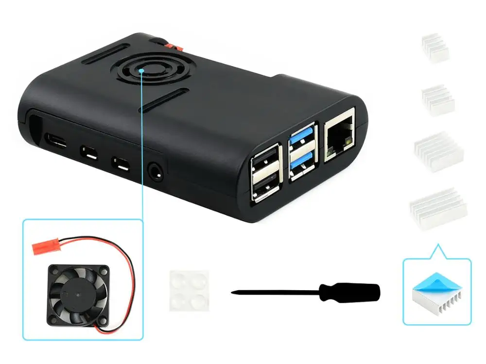 Waveshare Черный ABS чехол для Raspberry Pi 4, с охлаждающим вентилятором