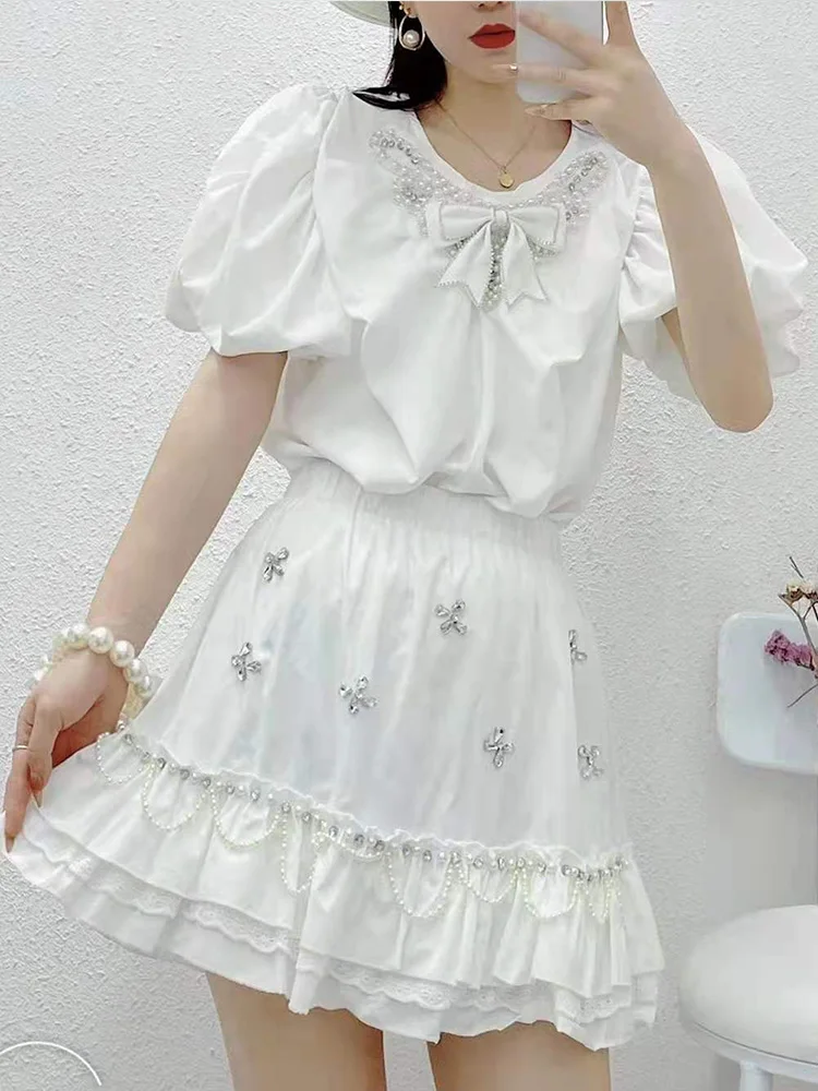 

2021 Summer New Korean Style Sweet Beads Rhinestone Bow Ladies Blusas Women Fashion Western Style Short Sleeve O-neck Shirt