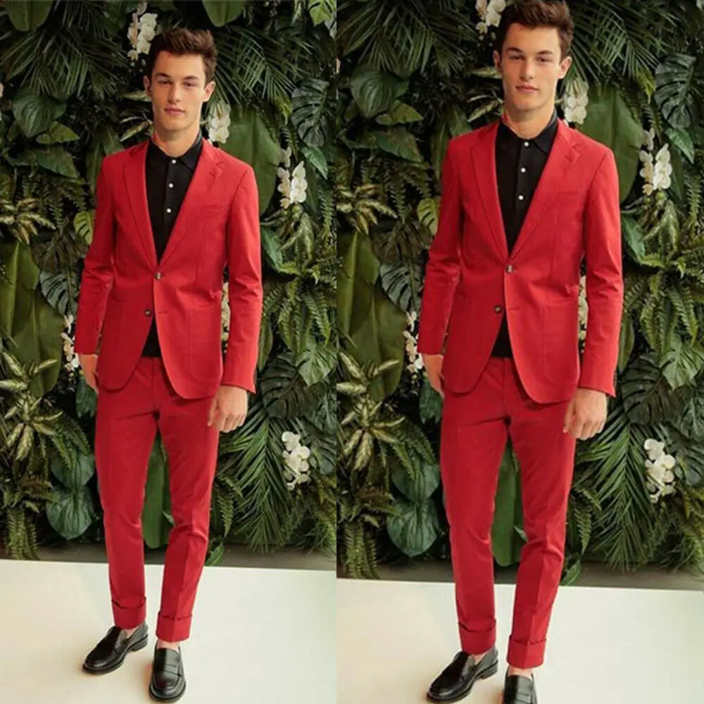 

Red Groom Wedding Tuxedos 2 Pieces Slim Fit Two Button Mens Suit Formal Prom Party Wear Blazer(Jacket+Pants)