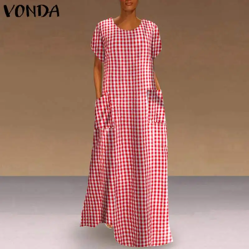

Женское платье-рубашка 2022 VONDA, женское летнее винтажное богемное платье макси, свободный клетчатый сарафан с принтом, повседневное женское ...