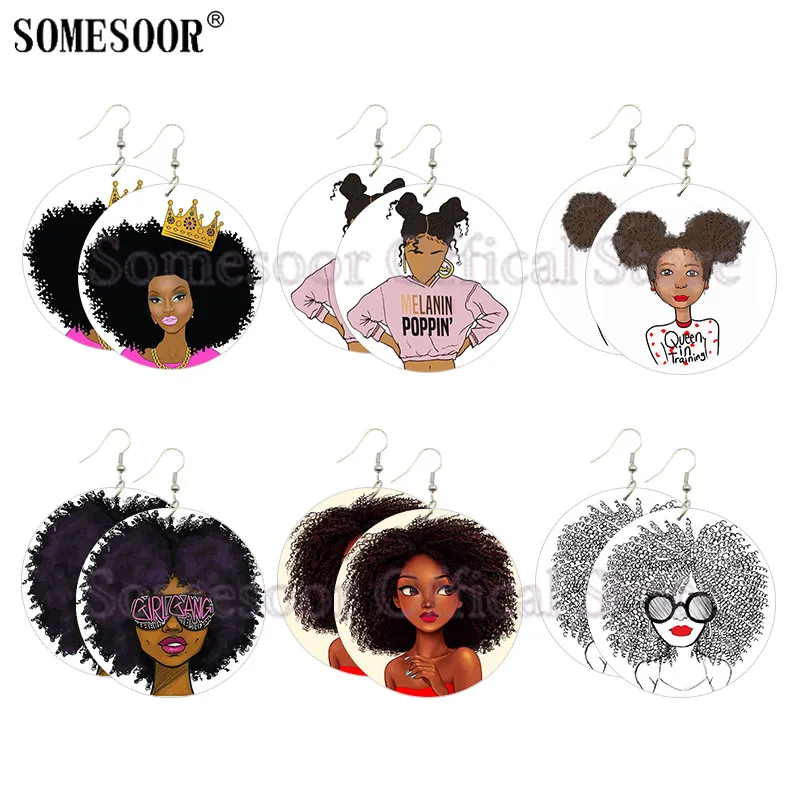 

SOMESOOR Melanin Poppin Black Girl Gang Wooden Drop Earrings Afro Queen Cruly Hair Design Printed Wood Dangle For Women Gifts