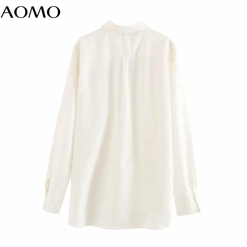 

AOMO women oversized white shirts long sleeve solid pocket casual ladies blouse tops 4M164A