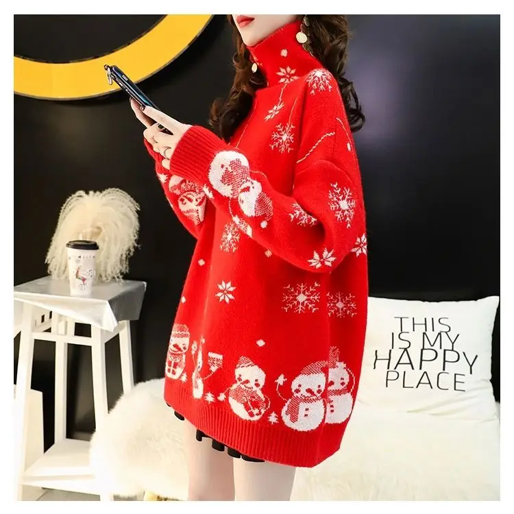 Рождественская красная водолазка пуловер свитер женская новая осенне-зимняя