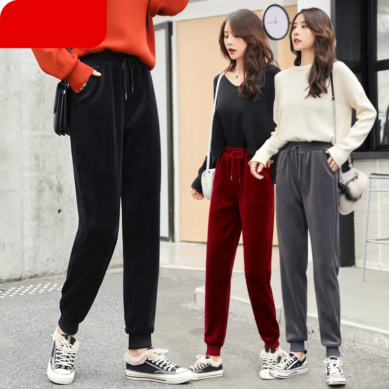 Женские зимние плотные бархатные брюки теплые женские повседневные свободные