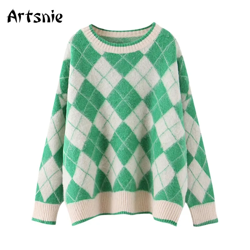 

Artsnie winter 2020 sweet argyle sweater women o neck long sleeve oversized pull femme hiver vintage casual warm sweaters jumper