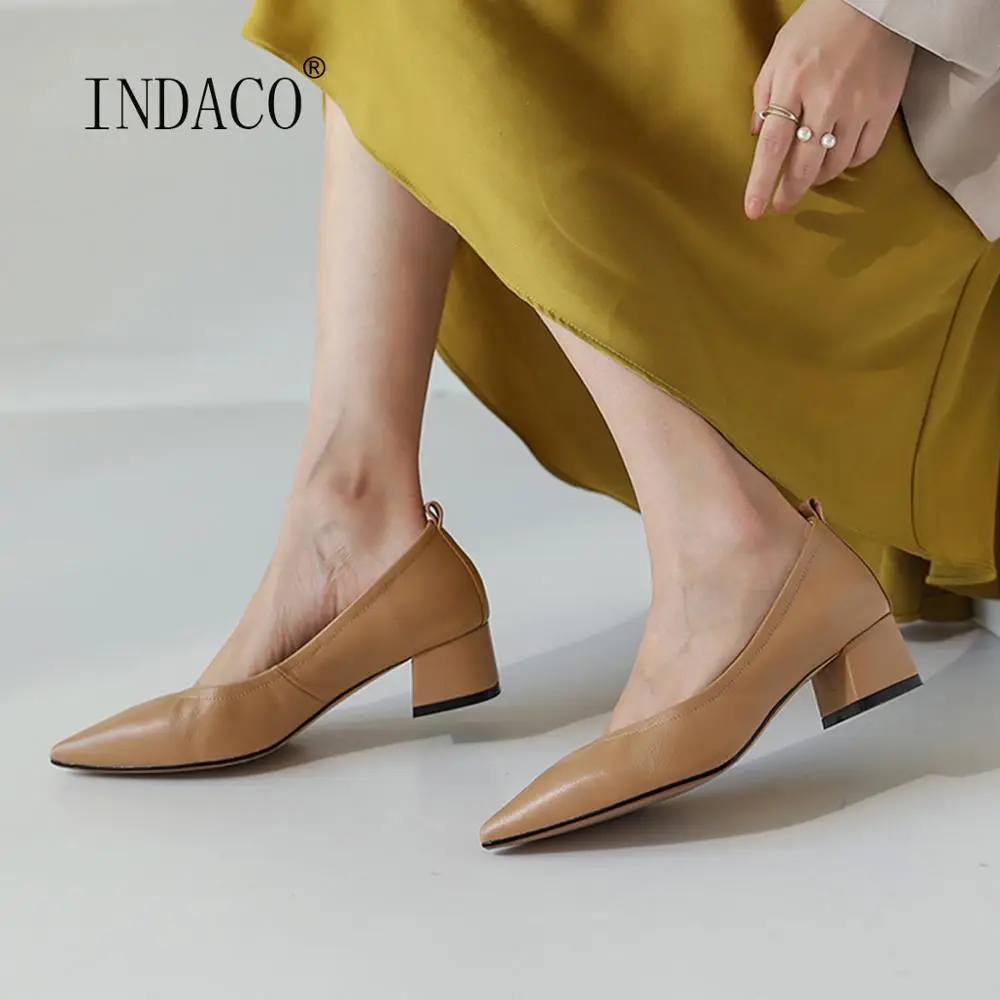 

Women Heels Leather Women Shoes Pointed Toe Thick Heel Single Shoes Work Shoes Black Beige Sapato Feminino