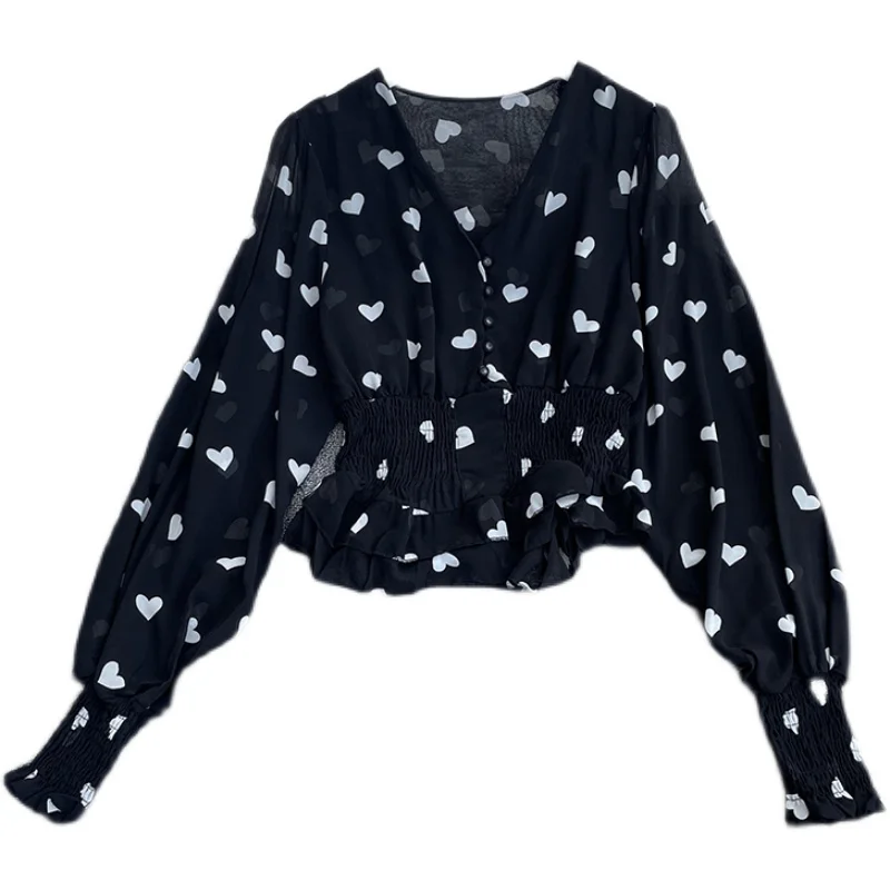 

love printed chiffon unlined upper garment v-neck hubble-bubble sleeve elastic thin double falbala agaric side coat