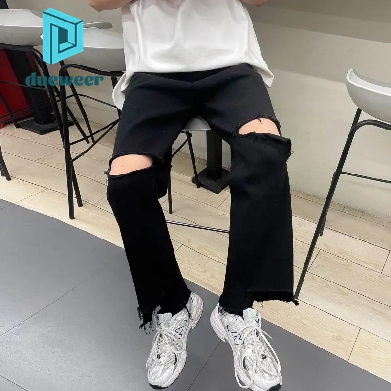 

DUEWEER Mens Ripped Jeans Baggy Holes Straight Black Cropped Trousers Men Wide Leg Distressed Jeans Harajuku Denim Pants