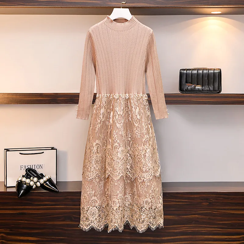 Женское трикотажное лоскутное кружевное платье HAMALIEL размера плюс осенне-зимнее