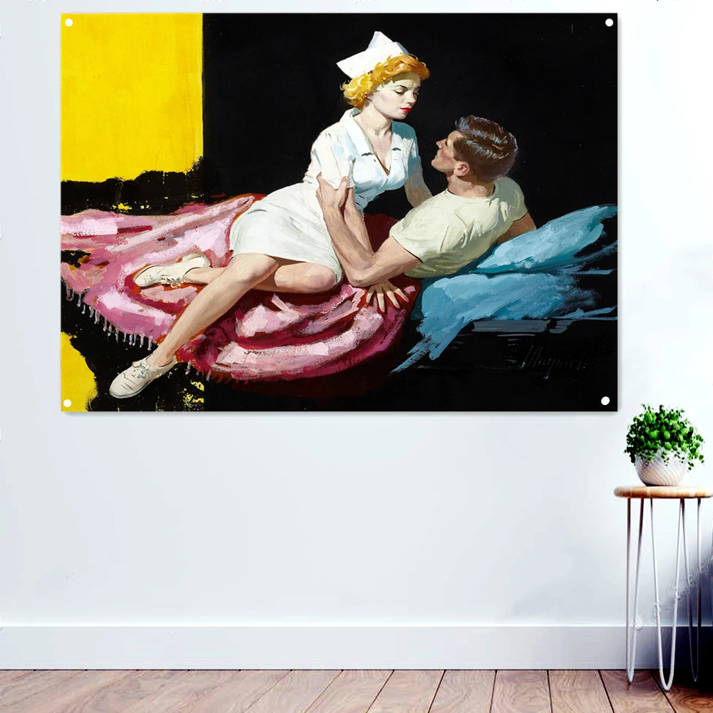 

Nurse and soldier Poster Wall Art Tapestry Vintage Pin Up Girl Decorative Banner Sticker Hanging Paintings Flag Mural Home Decor