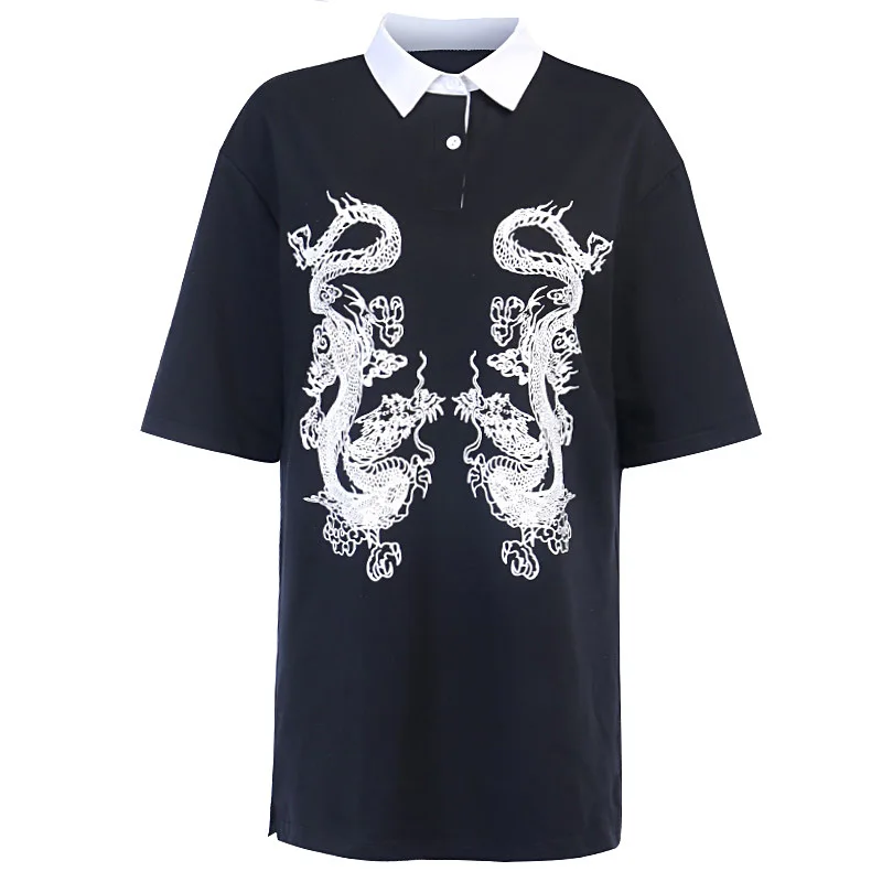 

Dark Style Female Student Dragon Pattern T-Shirt Women Polo Shirt Beautiful Loose Vintage Streetwear Tops