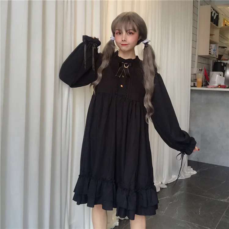 Harajuku готическое Черное женское платье лолиты с кнопки в форме звезд осеннее японское кружевное платье с длинными рукавами и оборками для девочек-подростков