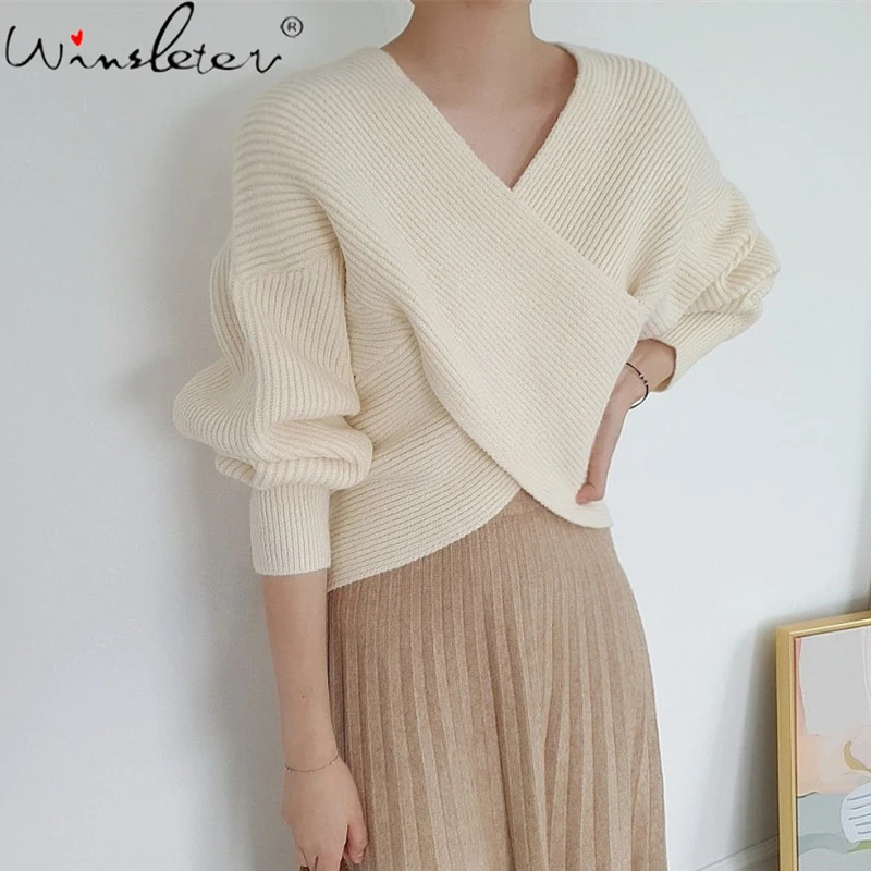 

Женский трикотажный свитер с V-образным вырезом и рукавом «летучая мышь»