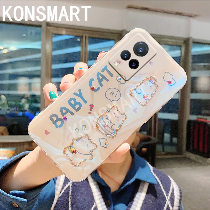

KONSMART For VIVO V21 Case V21 5G Glitter Rhinestone Silicone Blue Light Cartoon Cute Soft Phone Case For Vivo V21e Cover Fundas