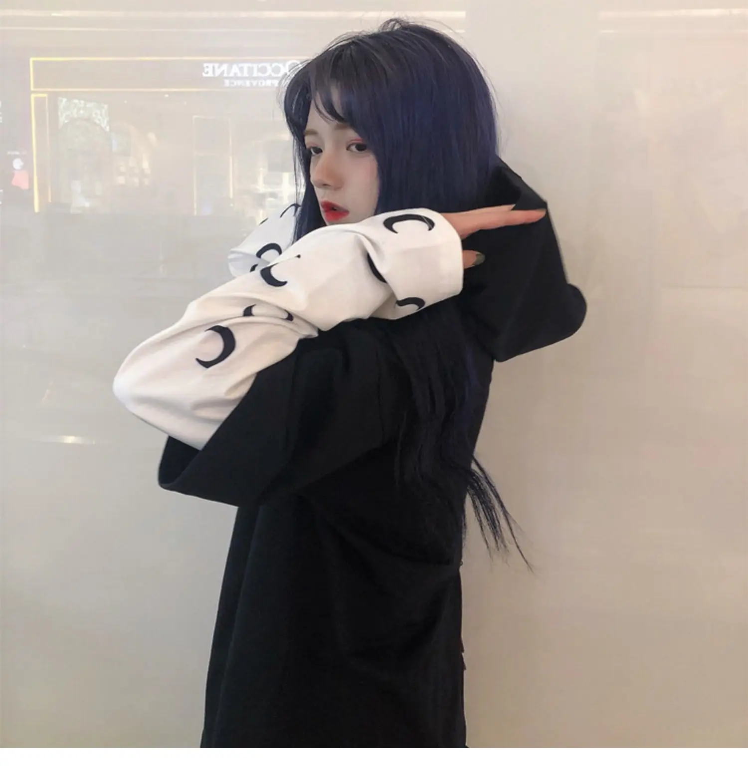 Harajuku уличная Винтажная Футболка для женщин, одежда, осень, корейский Ulzzang, с принтом, с капюшоном, Футболки женские, полный поддельные два топа