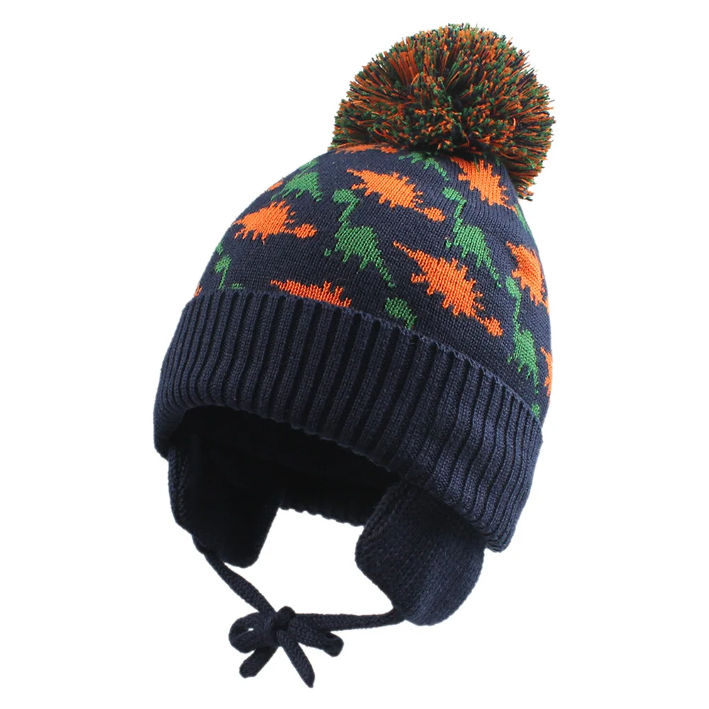 Dinosaur Baby Beanie Hat Winter Spring Toddler Boys Girls Earflap Cap Thick Lining Warm with PomPom Polyester Elastic | Детская одежда