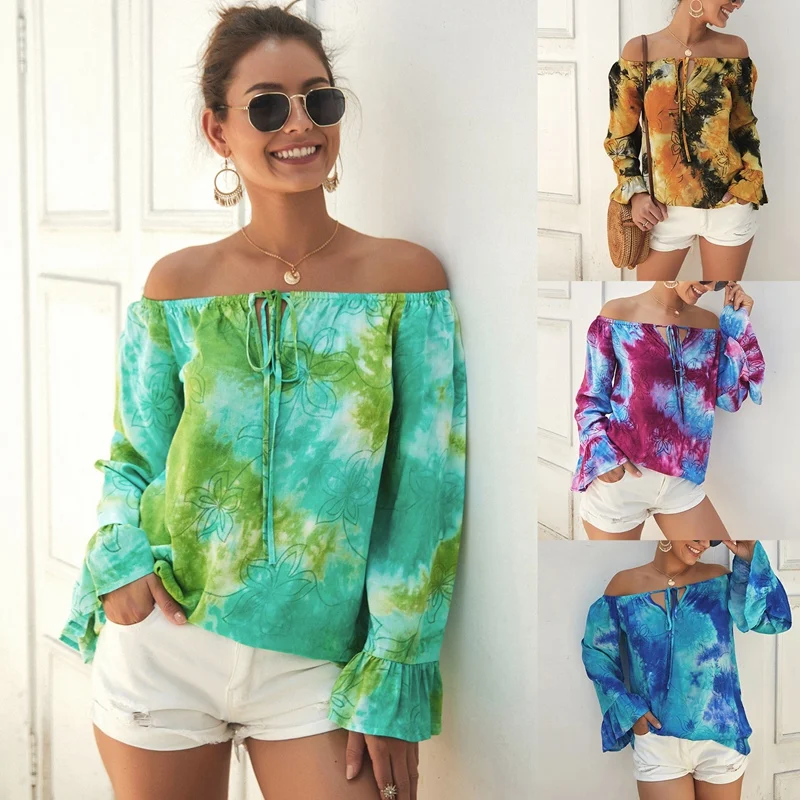 

Women Long Sleeve Top Tie Dye Gradient Off Shoulder Blouse Tie Dye Long Sleeve Ruffle Sleeve Top