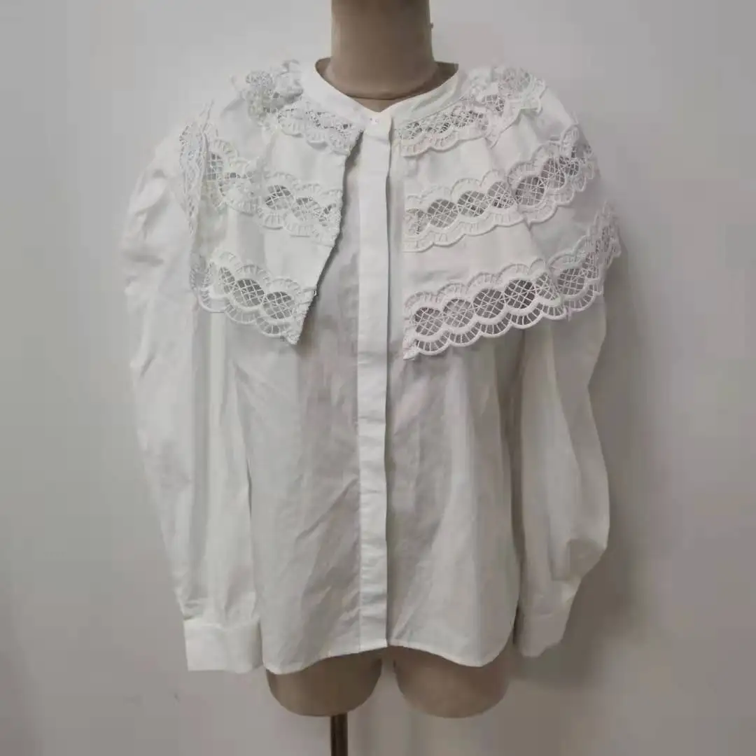 

2021 Autumn and Winter New Lace Pattern Lapel Long-sleeved Shirt Women Blouse