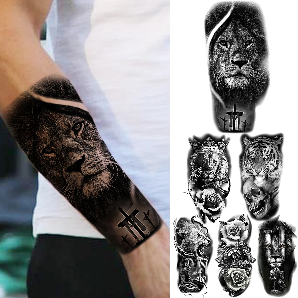 

Временные татуировки для мужчин и женщин, тигр, роза, цветок, компас, Реалистичная поддельная татуировка, модная тату с полурукавами, черный ...